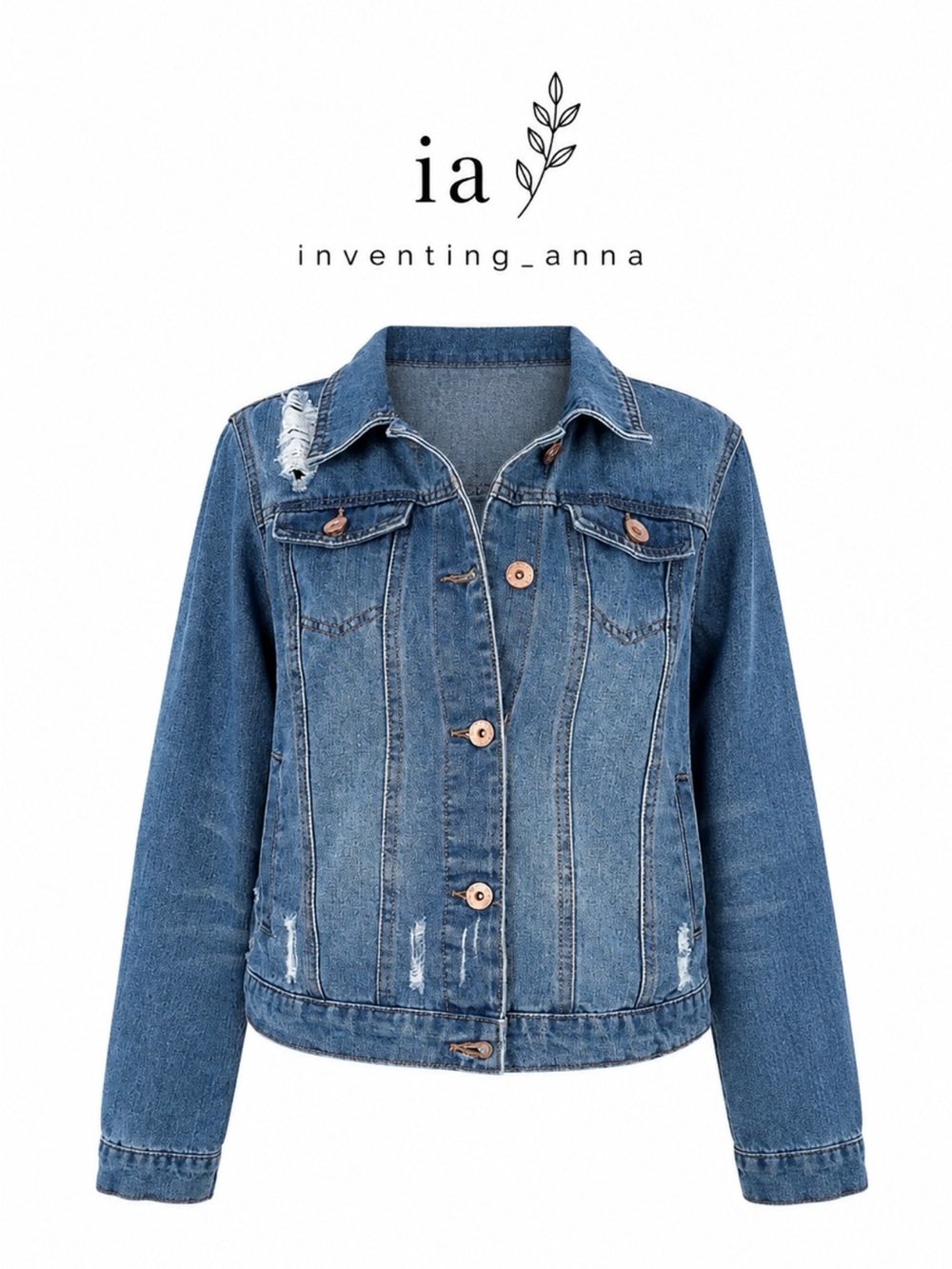 Distressed Medium Wash Blue Denim Jacket w/Rose Gold Rivet Button Detail Pockets
